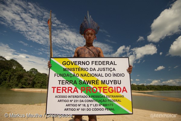 A placa é idêntica a usada pelo governo e ajuda a manter madeireiros, garimpeiros e grileiros fora do território Munduruku