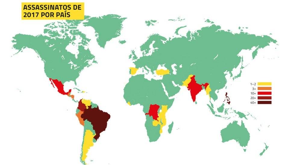 Brasil é país que mais mata defensores do meio ambiente: dos 207 mortos, 57 eram brasileiros Mapa: Global Witness